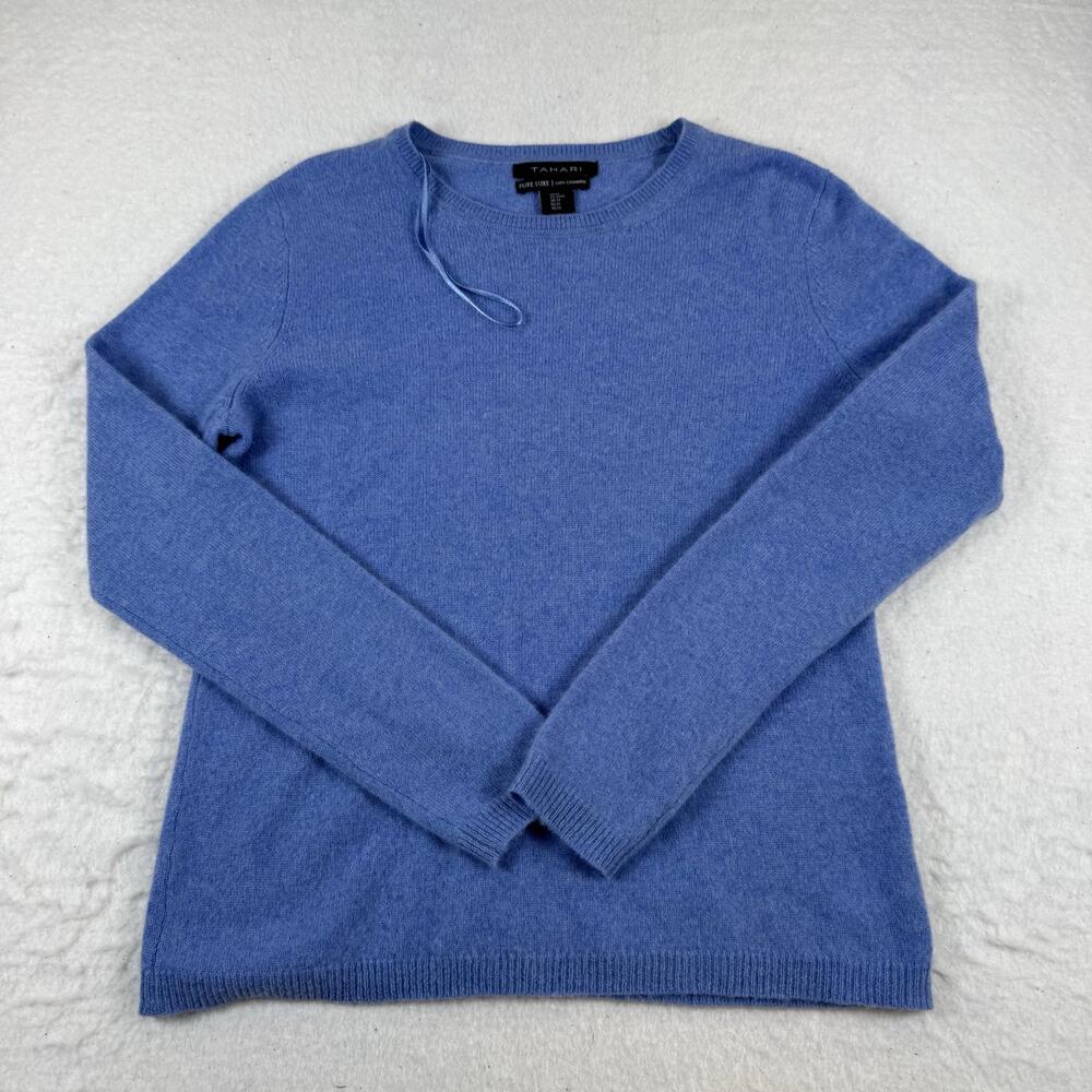 Tahari Pure Luxe Sweater Womens Size M Blue 100% Cashmere Crew Neck Pullover